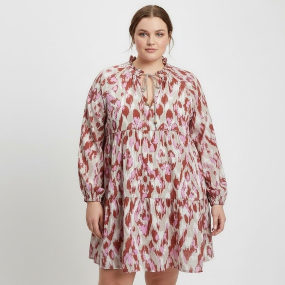 JESSICA SIMPSON Boho Ikat Print Tiered Peasant Dress‎ XL Cotton Flowy Lined NWT